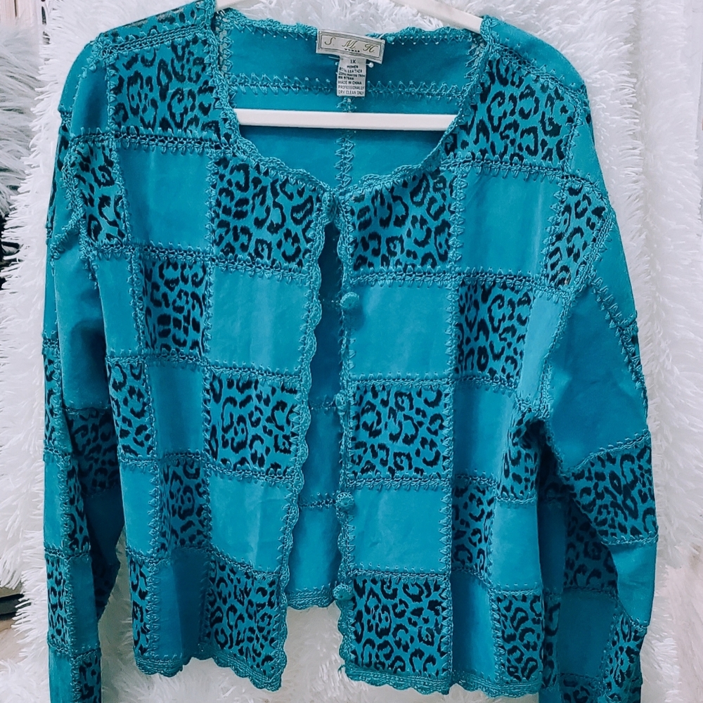 VINTAGE . Women's Turquoise Leopard Patchwork Jacket Sz XL - Picture 7 of 7